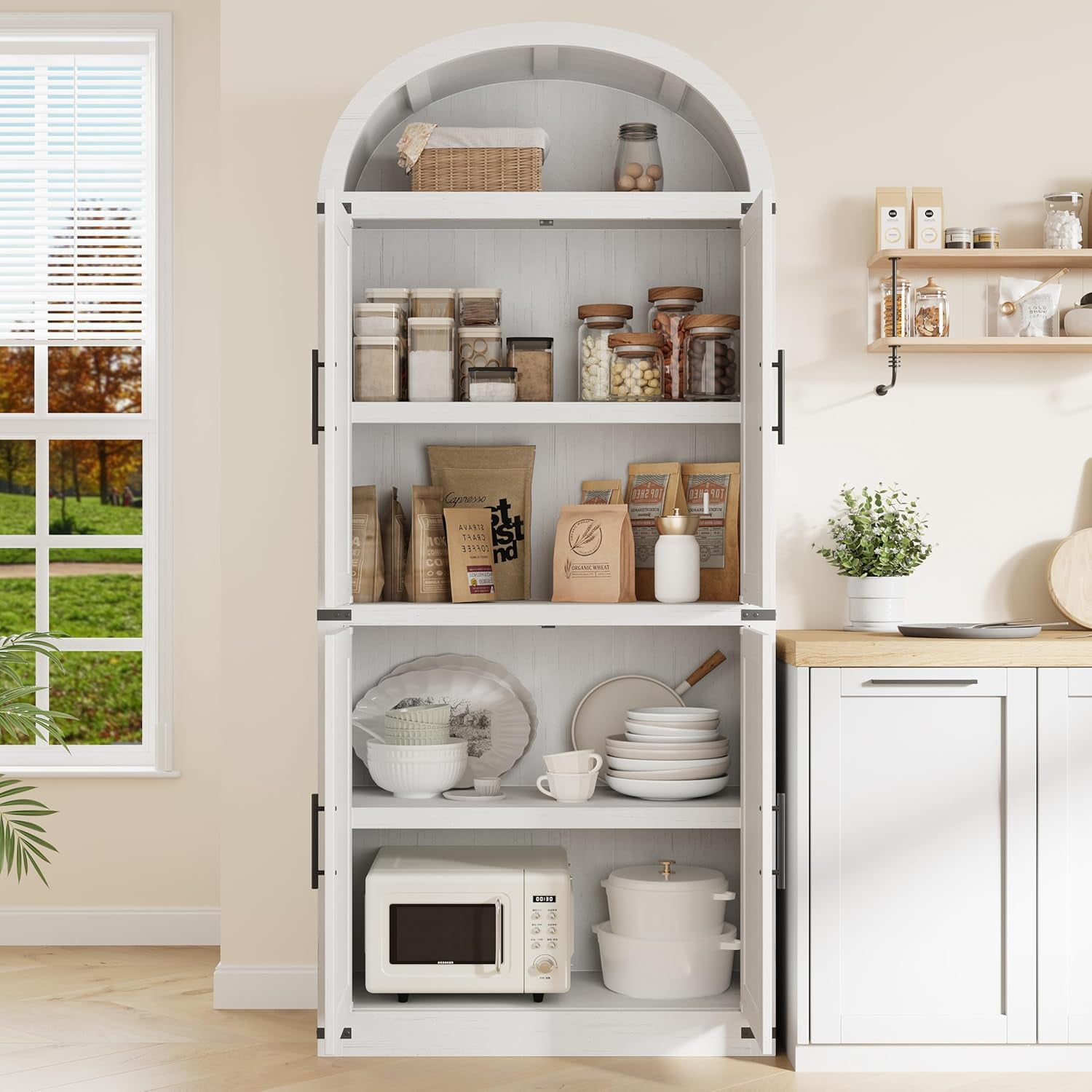Memoryfield 72" Tall Arched Bookcase with Doors, 5 Tier Display Bookshelf Storage Cabinet, Modern Floor Standing Organizer for Home Office Living Room, White