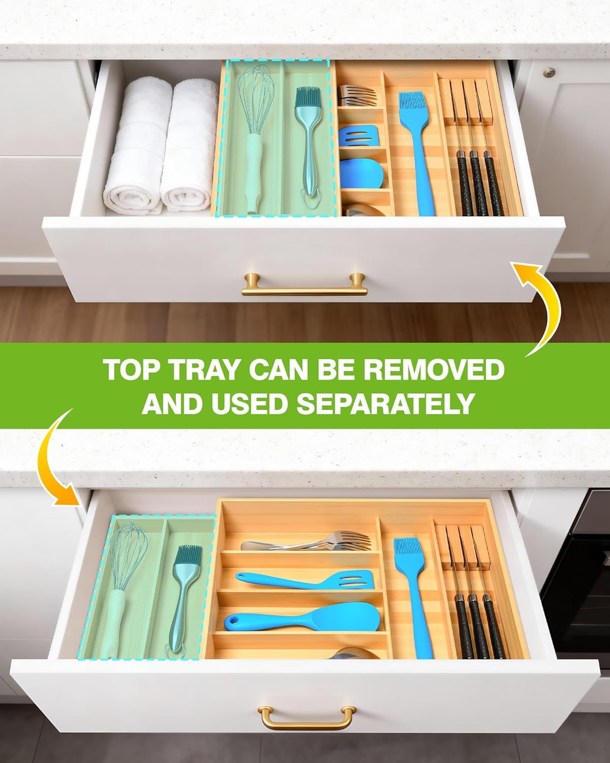 Silverware Drawer Organizer with Sliding Top Tray, Double Layer Wooden Utensil Organizer with Removable Knife Holder