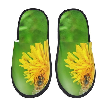 Balery Bees Pollinates A Yellow Dandelion Slient Indoor Furry Fleece Comfort House Shoes Soft Non-Slip Home Shoes Cotton slippers House Slippers-- Medium