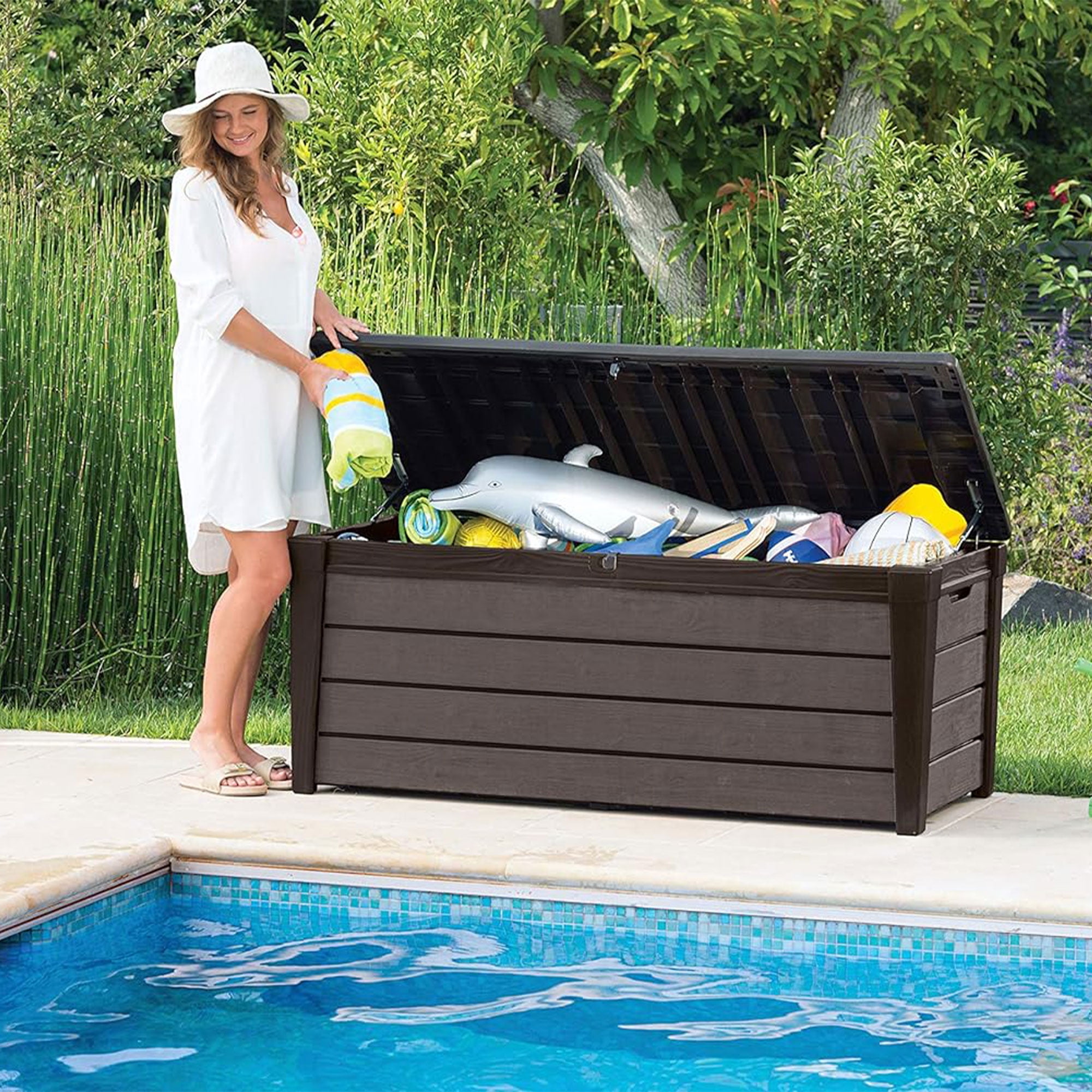 Keter Brushwood 120 Gallon Resin Outdoor Deck Box for Yard Tools, Brown