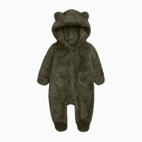 Nwiuh Baby Hooded Fleece Romper Long Sleeve Onesie Outwear Outfits 0-12M | Fall Winter Clothes,Halloween Outfits,Soft and Warm,Cute Bear Onesie,Baby Snowsuit (Army Green, 6-9 Months)