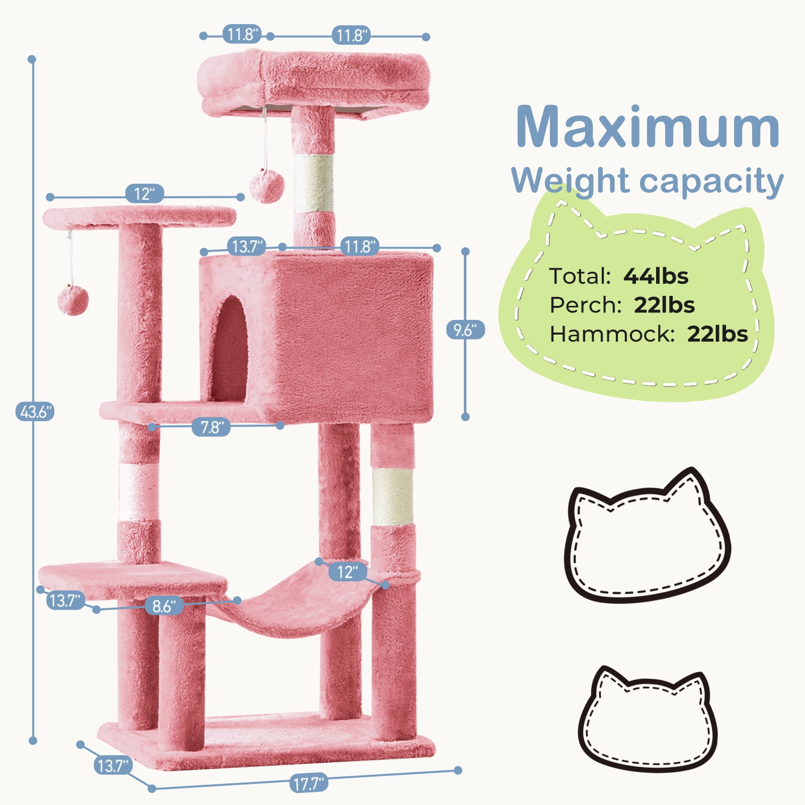 Cat Tree, 44-Inch Cat Tower with Sisal Scratching Post, Multi-Level Plush Pet' Toy Tree with Climbing Ladder, Pink