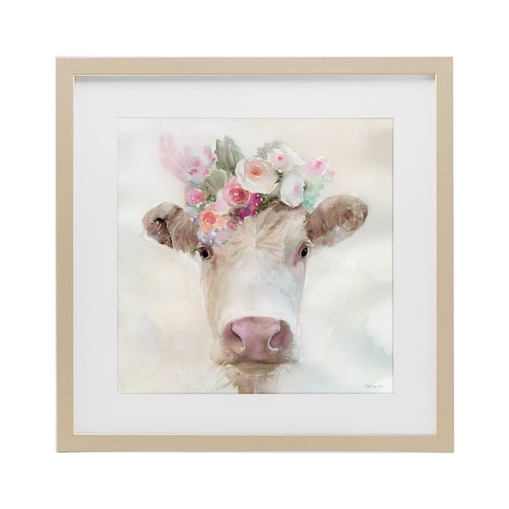 Stupell Industries Betsy Cow with Flowers Birch Framed Print Under Glass, design by Stellar Design Studio