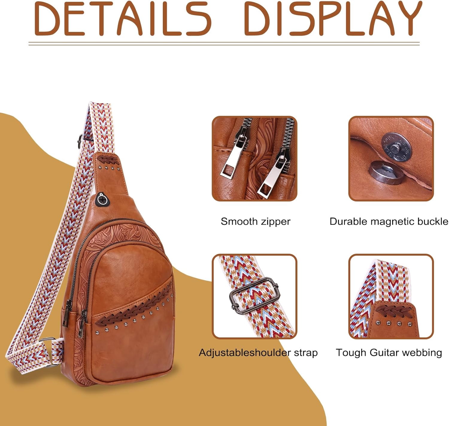 Sling Bag Crossbody Bags for women, Vintage Leather Fanny Pack for Men with Zipper, Adjustable Guitar Strap Anti Theft Crossbody Purse Travel(Brown)