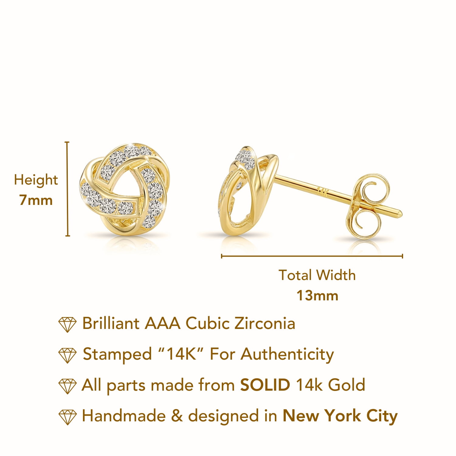 Tilo Jewelry 14K Yellow Gold Dainty Love Knot Stud Earrings with Cubic Zirconia CZ Stones | Secure Push-Backs | Classic Everyday Earrings for Women & Unisex