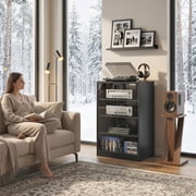 HOMCOM 5-Tier Media Stand Cabinet with 3-Level Adjustable Shelves, Tempered Glass Doors, and Cable Management, Distressed Black