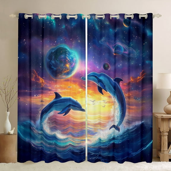 Homewish Sea Animal Whale Black Out Curtains,Ocean Theme Curtains Pack of 2 (42x63 Each),Galaxy Starry Night Bedroom CurtainsFor Girls Teens,Breathable Home Decor