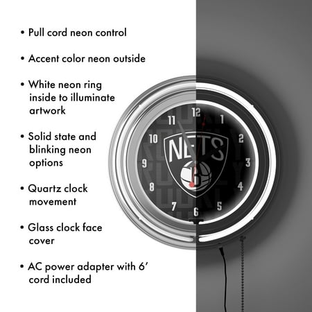 Brooklyn Nets NBA City Chrome Neon Clock - Black, White