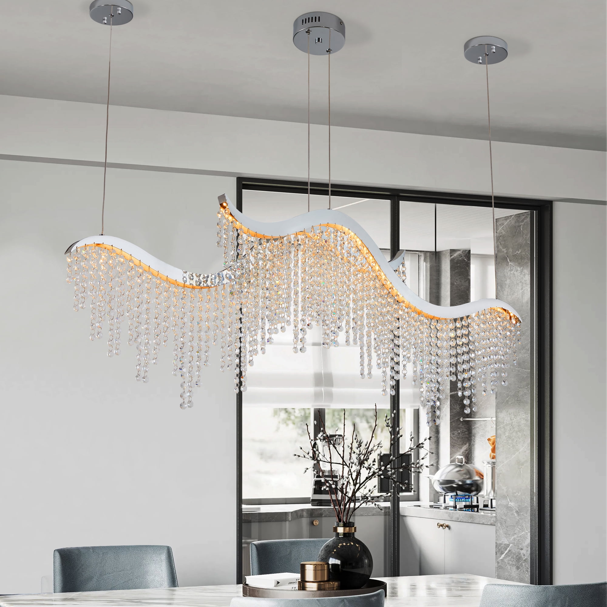 Mordern Luxury Waterfall 180-strand Crystal Chandeliers for Dining Room,Adjustable Color Temperature 3000K 4000K 6000K