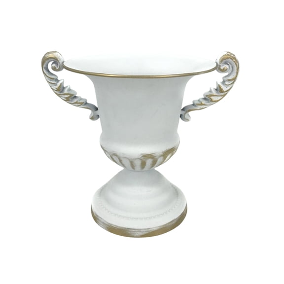 Btomtd Vintage Iron Vase for Weddings and Events Decoration, 10.6 Inch Metal Flower Pot Suitable for Offices and Home Decor Displays (Double-Handled Trophy Embossed Vase, White)