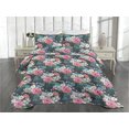 thumbnail image 2 of Ambesonne Exotic Vibes Quilted Coverlet 3 Pcs, Tropical Peony Pattern, King Size, Pastel Pink Dark Teal, 2 of 4