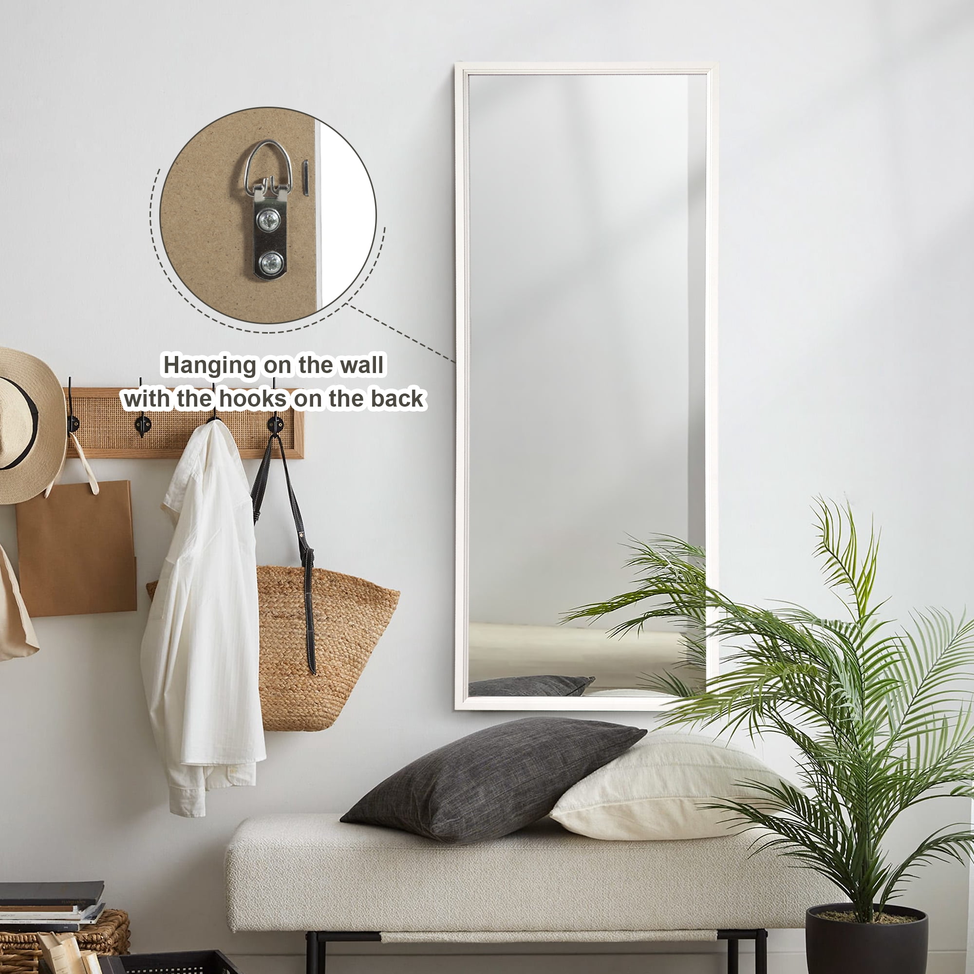 Over The Door Mirror Full Length, 51"x18" Door Mirror Full Length with Wood Frame, Full Length Mirror Over The Door with 2 Hangers Removeble, Hanging Mirror for Door or Wall Mounted Mirror