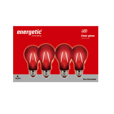 Energetic LED Color Filament Light Bulbs, 2W, Red, A19 Shape, E26 Base, UL Listed,