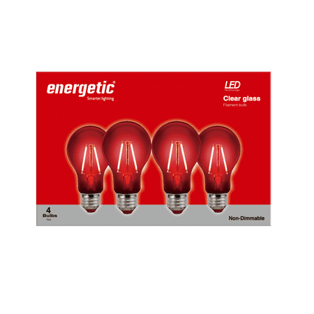 Sharp Bulb - Energetic LED Color Filament Light Bulbs, 2W, Red, A19 Shape, E26 Base, UL Listed, 4-count