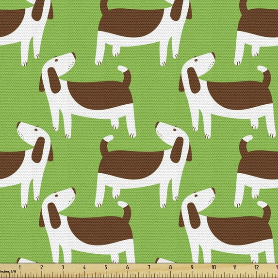 Dogs Fabric by the Yard Upholstery, Cartoon Puppies in Brown and White Colors Playful Pet Friends, Decorative Fabric for DIY and Home Accents, 3 Yards, Apple Green Brown by Ambesonne