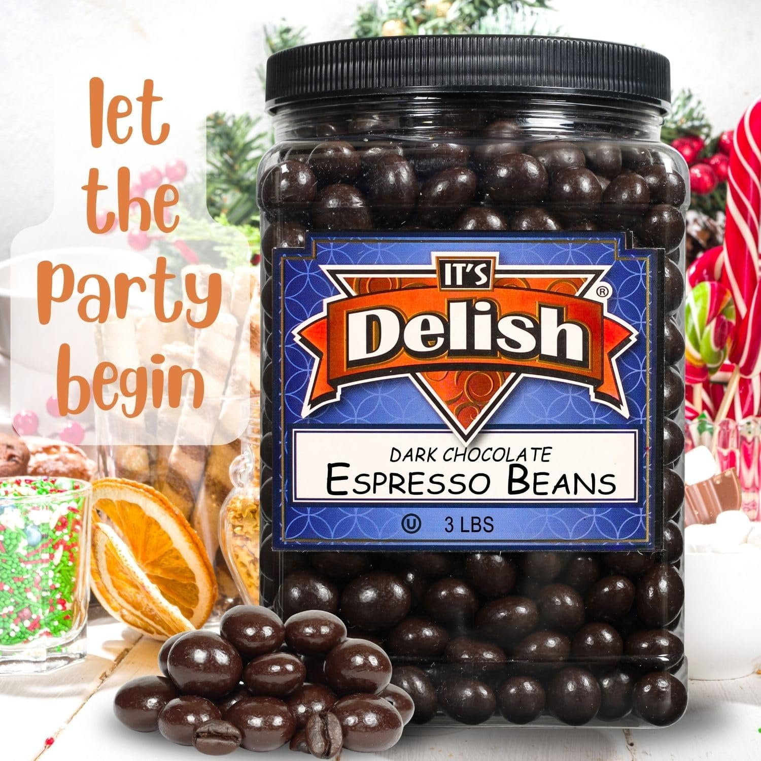 Dark Chocolate Covered Espresso Beans - by It's Delish, 3 Lbs Jumbo Container  Coffee Lovers Snack  Gourmet Chocolates Candy Snacks  Made in USA, Vegan, Kosher