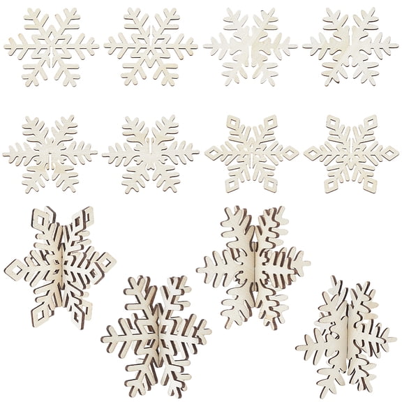 20 Set 4 Styles 3D Snowflake Wood Crafts Unfinished Wooden Slices 3.1 Inch Christmas Theme Blank Wood Cutouts Ornaments