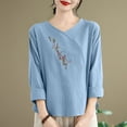 thumbnail image 4 of Busydd Plus Size Womens Tops M-4XL Casual Solid Color 3/4 Length Sleeve Going Out Tops for Women Trendy V Neck Embroidered Spring Summer Tops Comfy Peasant Cotton Linen Shirts, 4 of 4