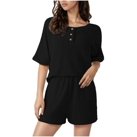 Summer Travel Outfits for Women Clearance Sales Two Piece Outfits Matching Sets Button up Summer Tops and Shorts Set Sweatsuits with Pockets Black XXL