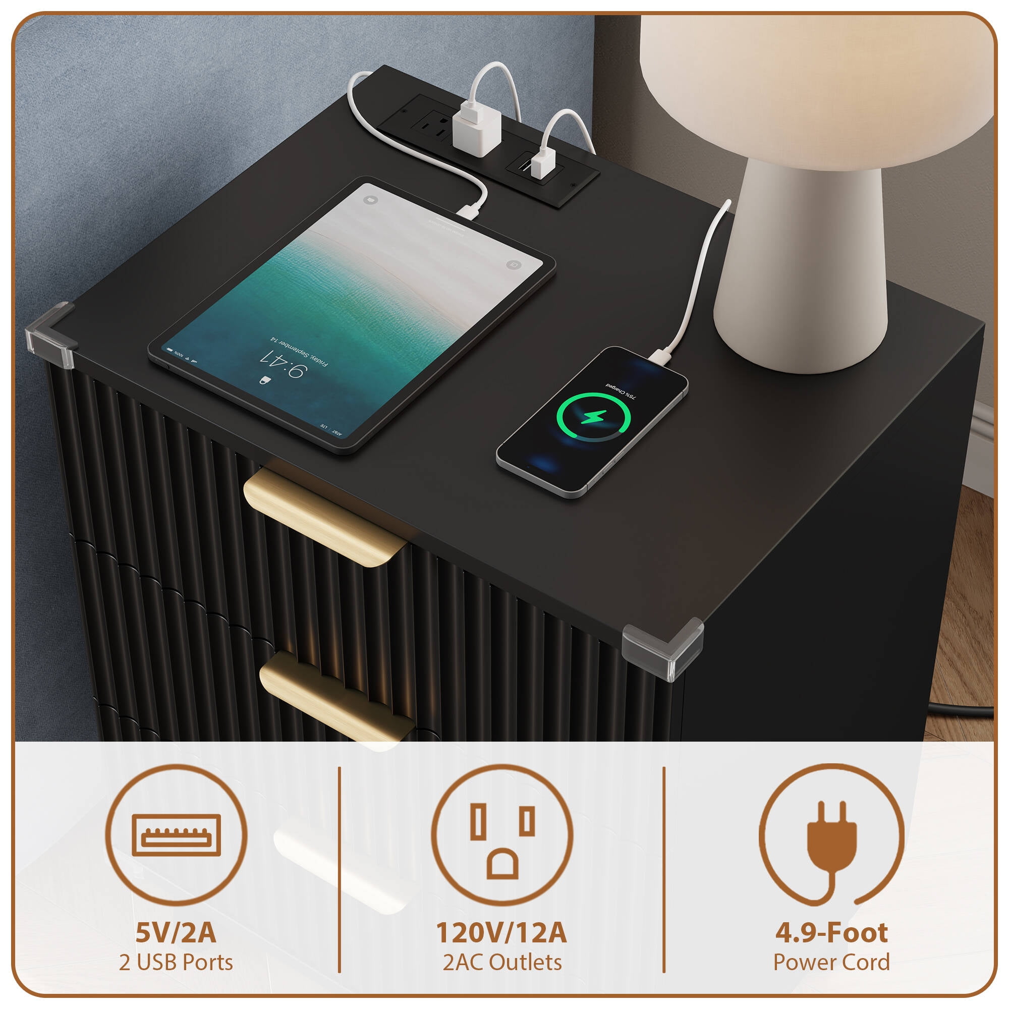 Laintene 3-Drawer Dresser Set of 2, Nightstand with Charging Station - Modern Fluted with Solid Wood Legs, 2 AC Outlets & 2 USB Ports, Small End Table with Storage, Black