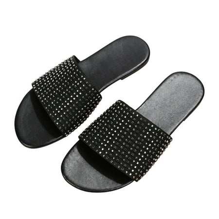 

Dpityserensio Women s Flat-heeled Square Head Sandals Wear One-line Slippers Breathable Shoes Black 5.5(36)