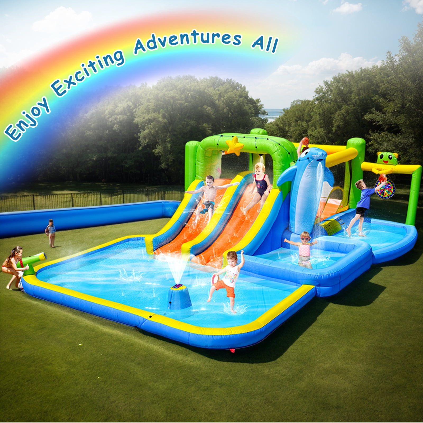 Inflatable Water Park, 9 in 1 Inflatable Bounce House, Water Slide with Blower Shower Soak Pool Sprinkler Fountain Water Gun Target