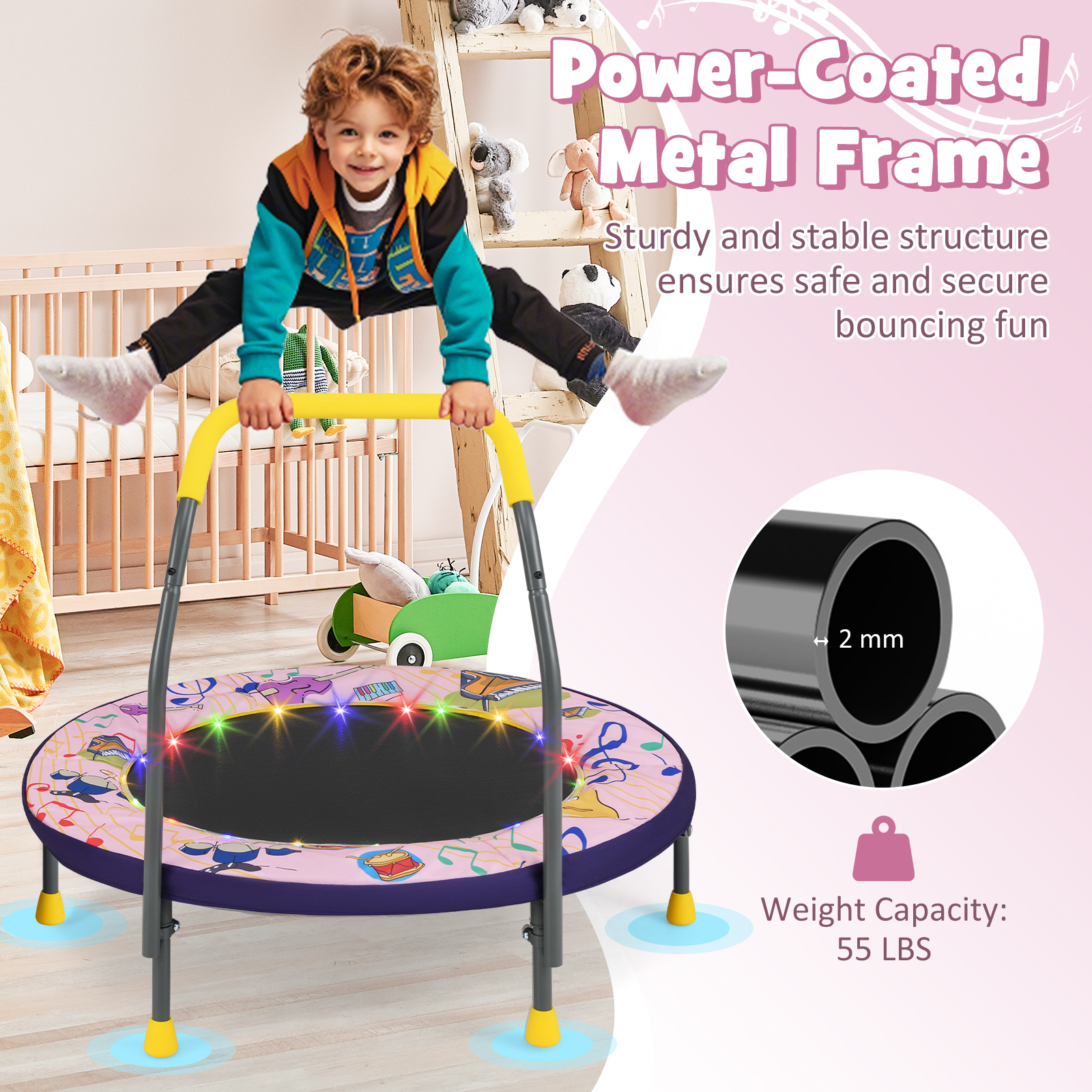 Gymax 36'' Foldable Kid Trampoline w/ 20 LED Lights Foam Handlebar Padded Safety Cover Pink