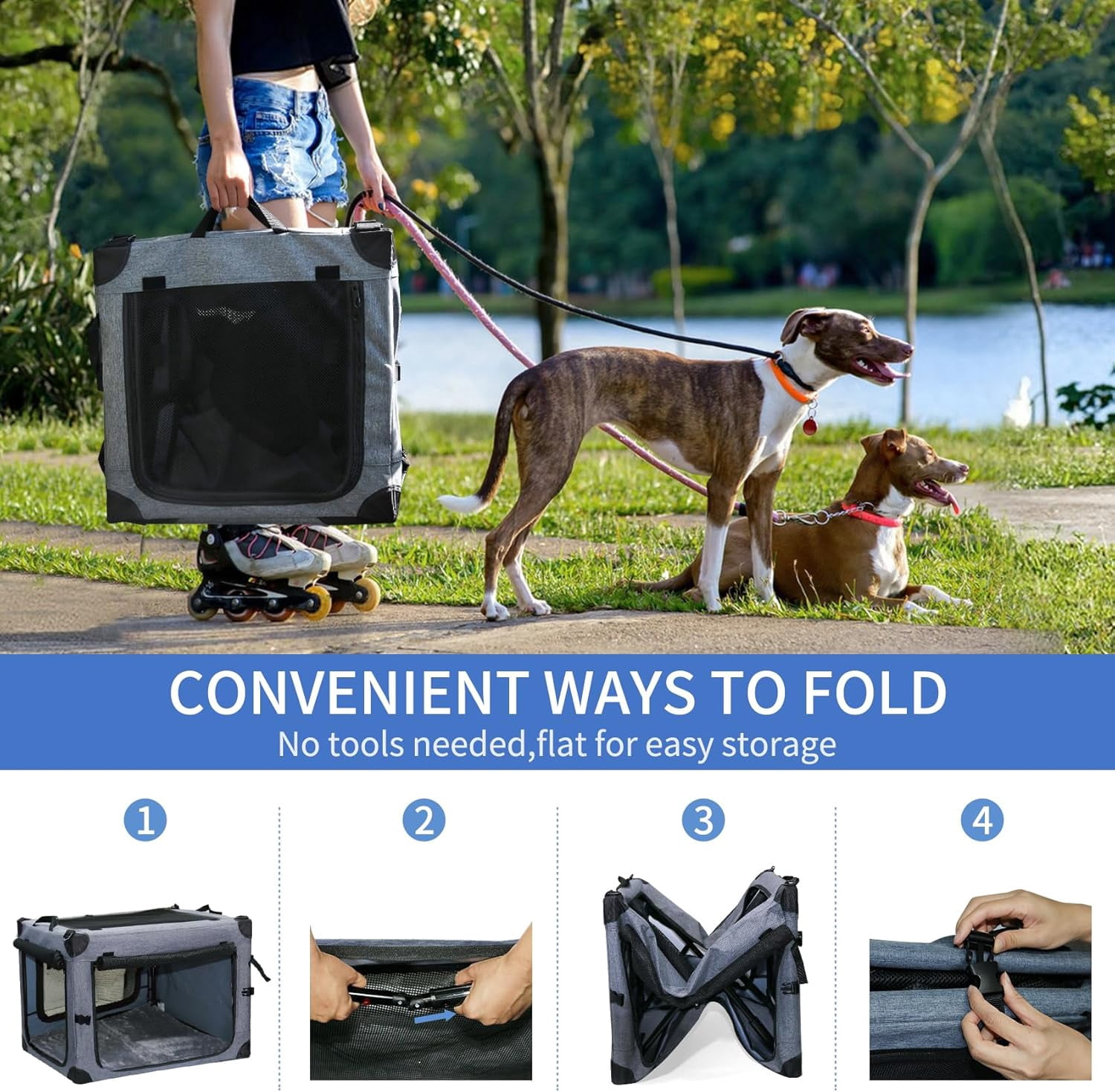 Collapsible Dog Crates for Large Dogs Portable Soft Sided Travel Dog Carrier for Indoor & Outdoor, 4-Door Foldable Pet Kennel with Durable Mesh Windows (Gray, 30.0" L x 20" W x 20.0" H)