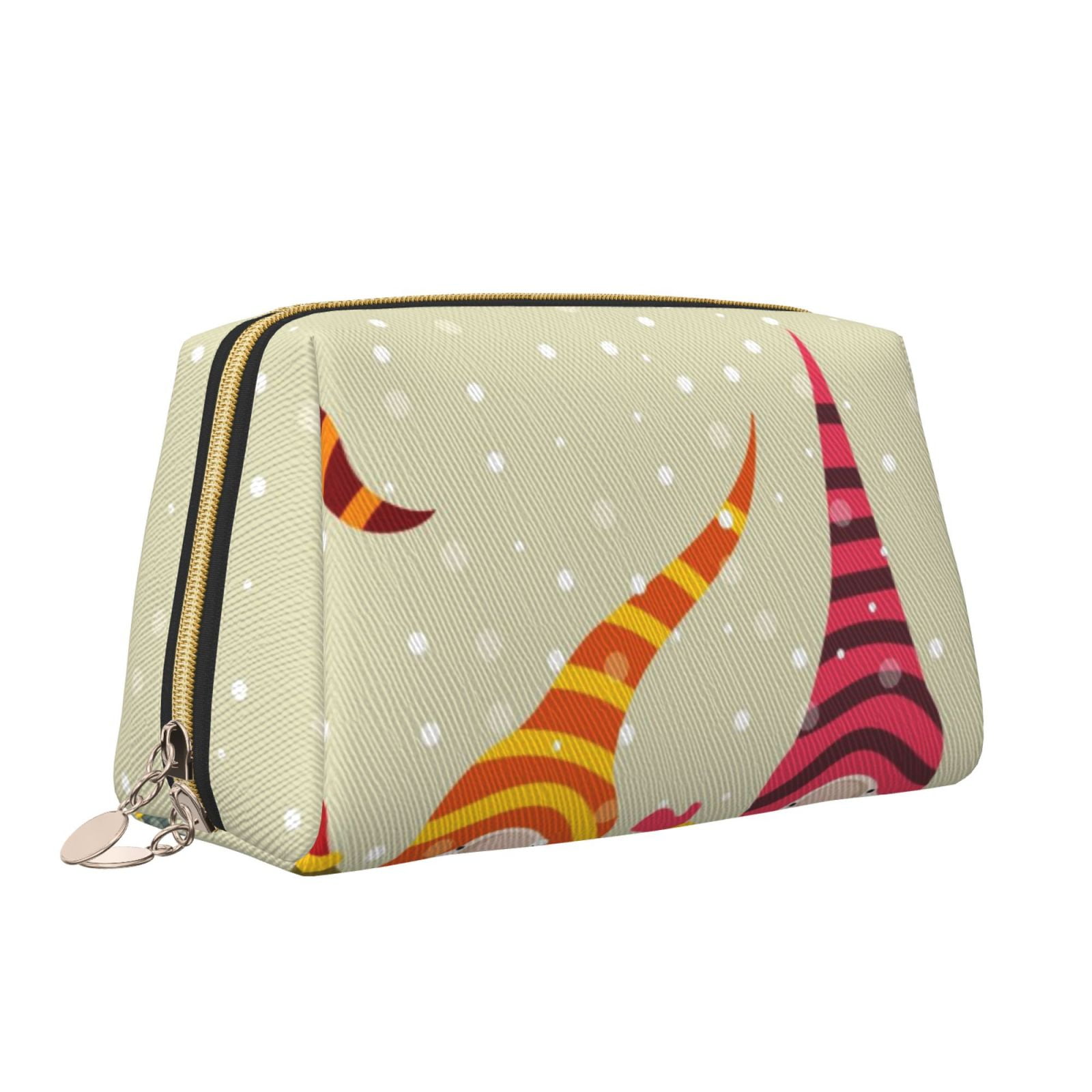 Picia Christmas Card With Gnomes Print Leather Makeup Bag Make Up Bag Travel Toiletry Bag for Her Girlfriend Teacher Teen Girl Gifts