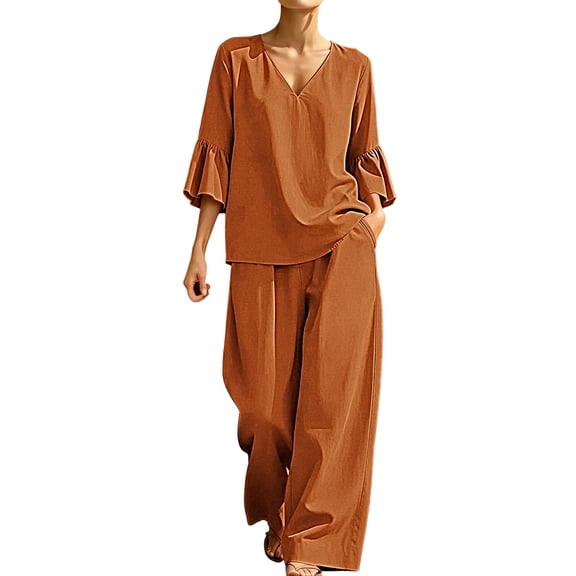 Guluxicc Women's 2-Piece Outfit Sets V-Neck 3/4 Sleeve Blouse and Wide Leg Pants Casual Loungewear Suit