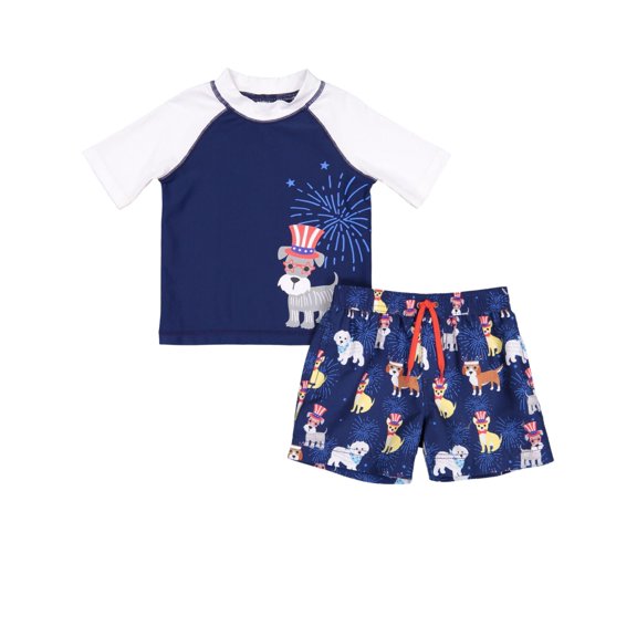 Kiko & Max American Flag Dog Rash Guard Shirt & Swim Trunks, Boys Blue
