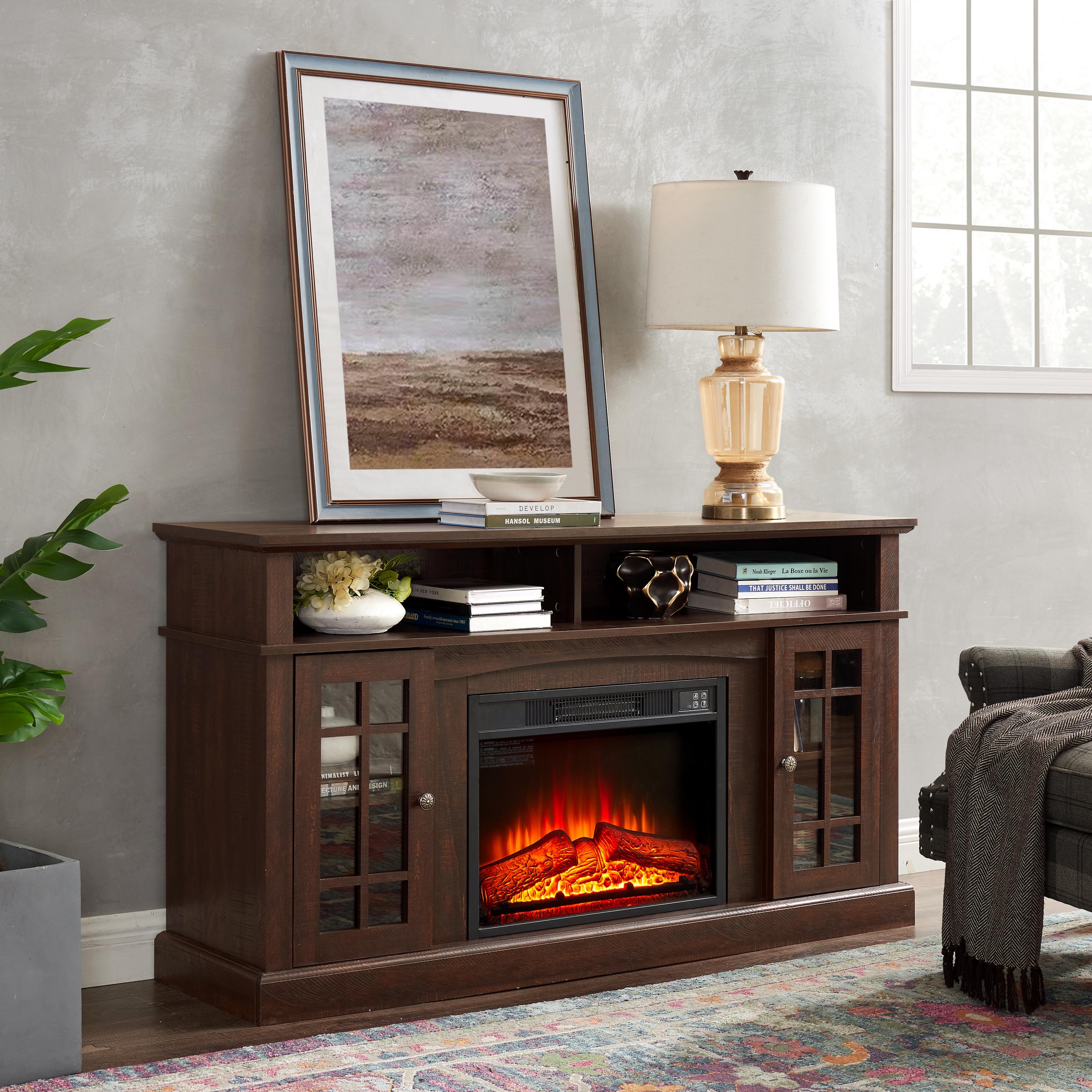 PAPROOS Fireplace TV Stand for 65 Inch TV, Modern Farmhouse TV Cabinet with 23'' Electric Fireplace, Entertainment Center Television Console Table for Living Room, Brown