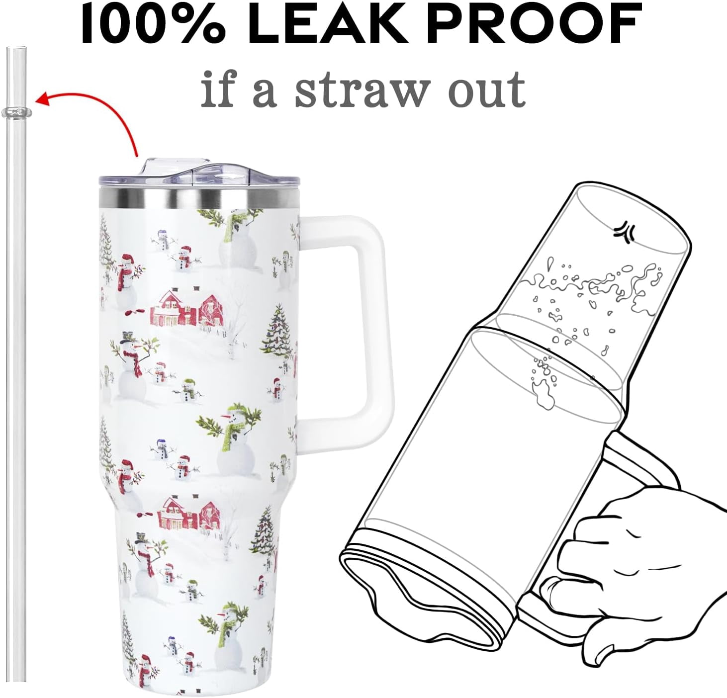 Christmas Gifts 40 oz Tumbler with Handle and Straw Lid,Cute Gifts for Women Snowman Xmas Tree Vacuum Insulated Leak Proof Tumbler,Winter Holiday Accessories Stainless Steel Coffee Cup Mug