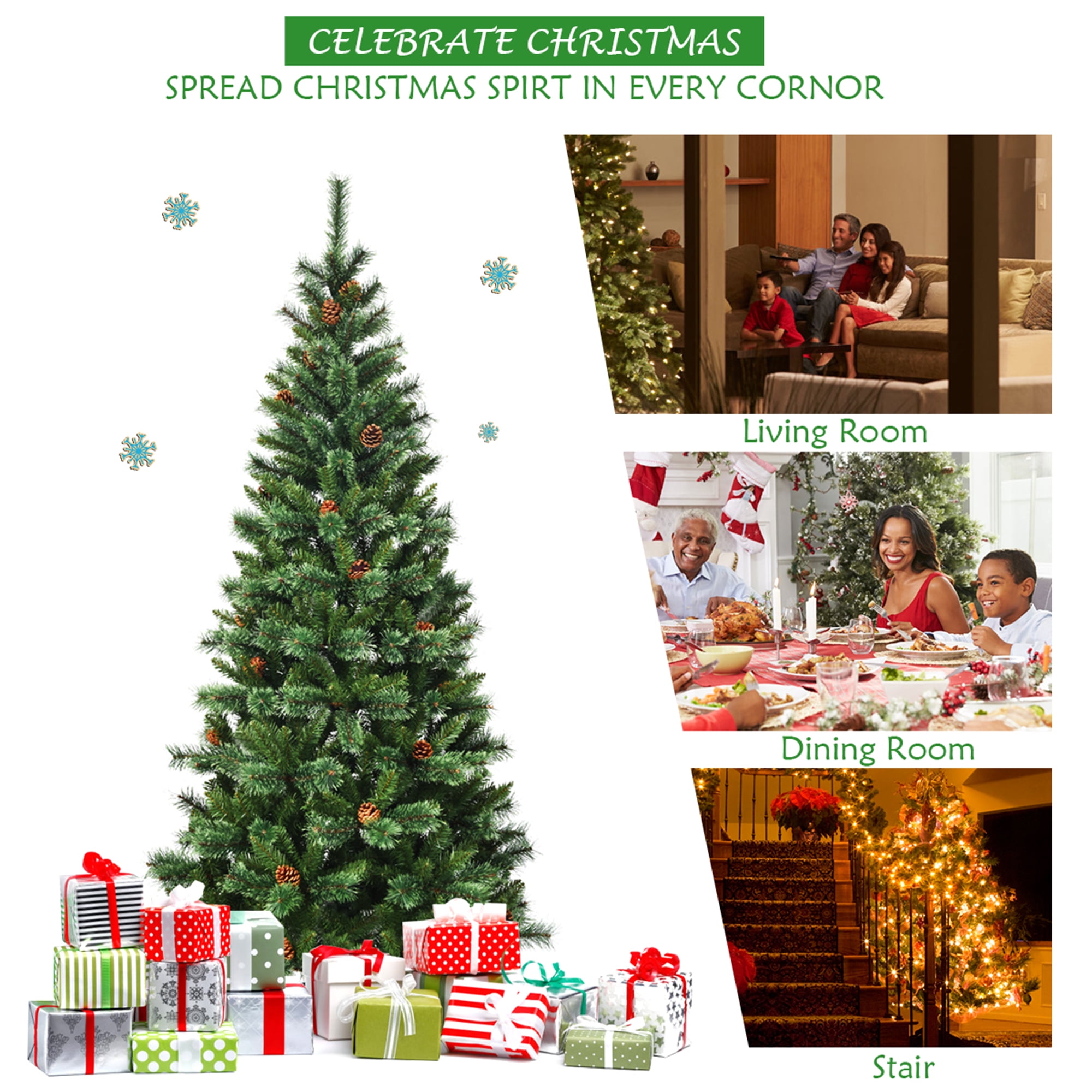 Gymax 7Ft Christmas Tree Artificial Hinged Tree w/ Pine Cones Metal Stand