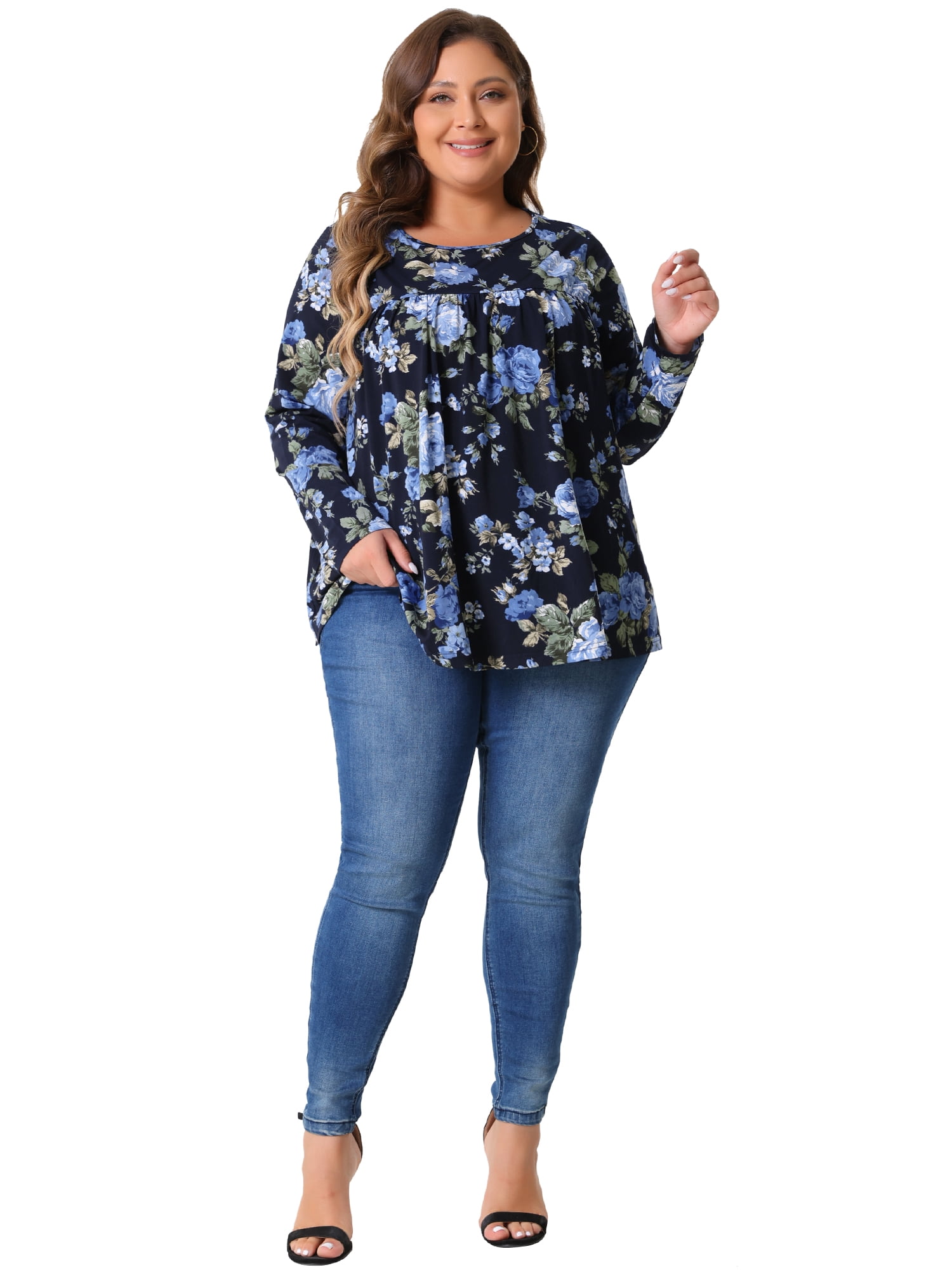 DARING DIVA Women's Plus Size Floral Long Sleeve Pleated Crew Neck Blouse 4X Dark Blue