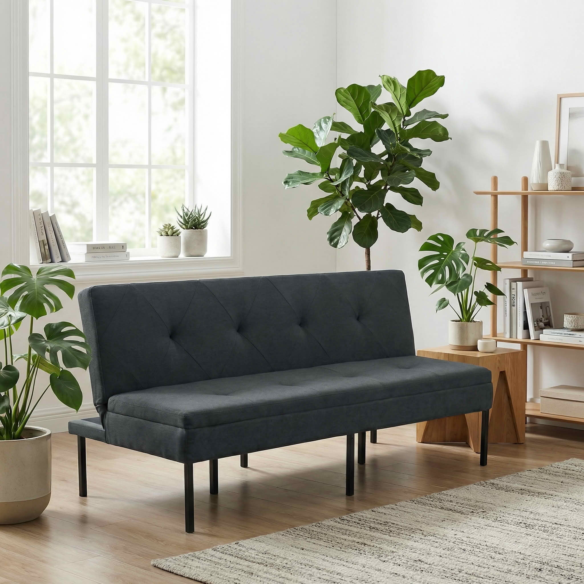 MAYEERTY 63.39" Convertible Futon Sofa Bed, 3-Seater Twin Size Sleeper Couch with 5-Position Adjustable Backrest, Modern Metal Frame Polyester Fabric Sofa for Small Spaces