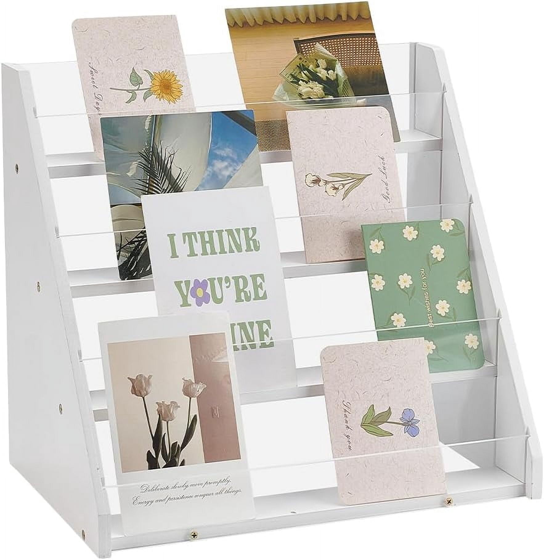 4-Tier Greeting Card Display Stands Bamboo Acrylic Display Case Postcard Rack Portable Sticker Display Stand Counter Retail Display Rack for Bookmark Counter Tabletop
