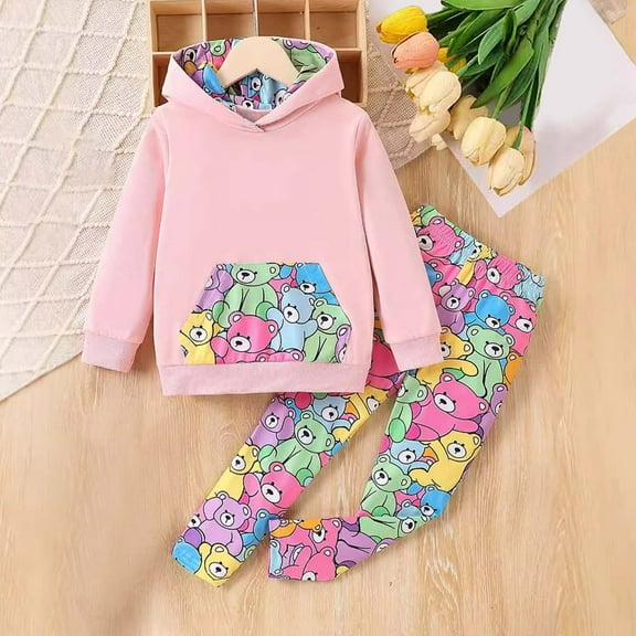 Piuwrlz Long Sweatshirt Sleeved and Elastic Waist Pants Little Girls Boys Sweatsuits 2pcs Sets Printed Hood Activewear Set Pink Size 7 Years