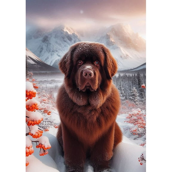 Newfoundland Chocolate - Best of Breed DCR Winter Berries Garden Flag 12" x 17"