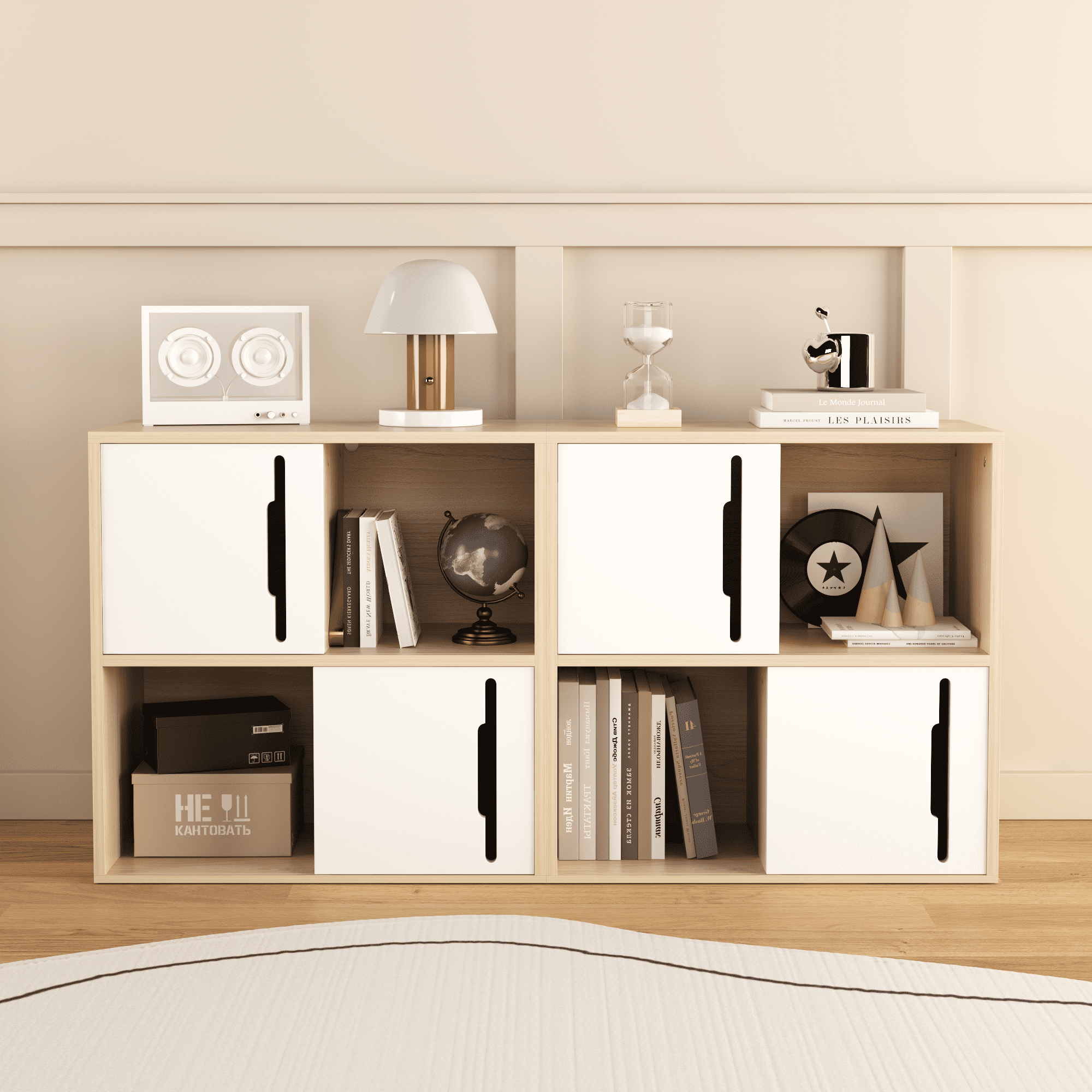 Yoneston Wooden Cube Storage Organizer with Doors, 2-Tier Open and Closed Shelves Bookshelf Cabinet for Living Room, Bedroom, Kids'Room, White