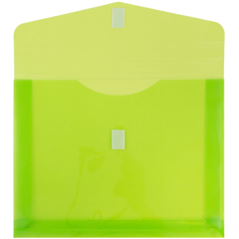 JAM Paper Plastic Hook and Loop Envelopes, 9.8" x 13" x 2", 12 Per Pack, Lime Green