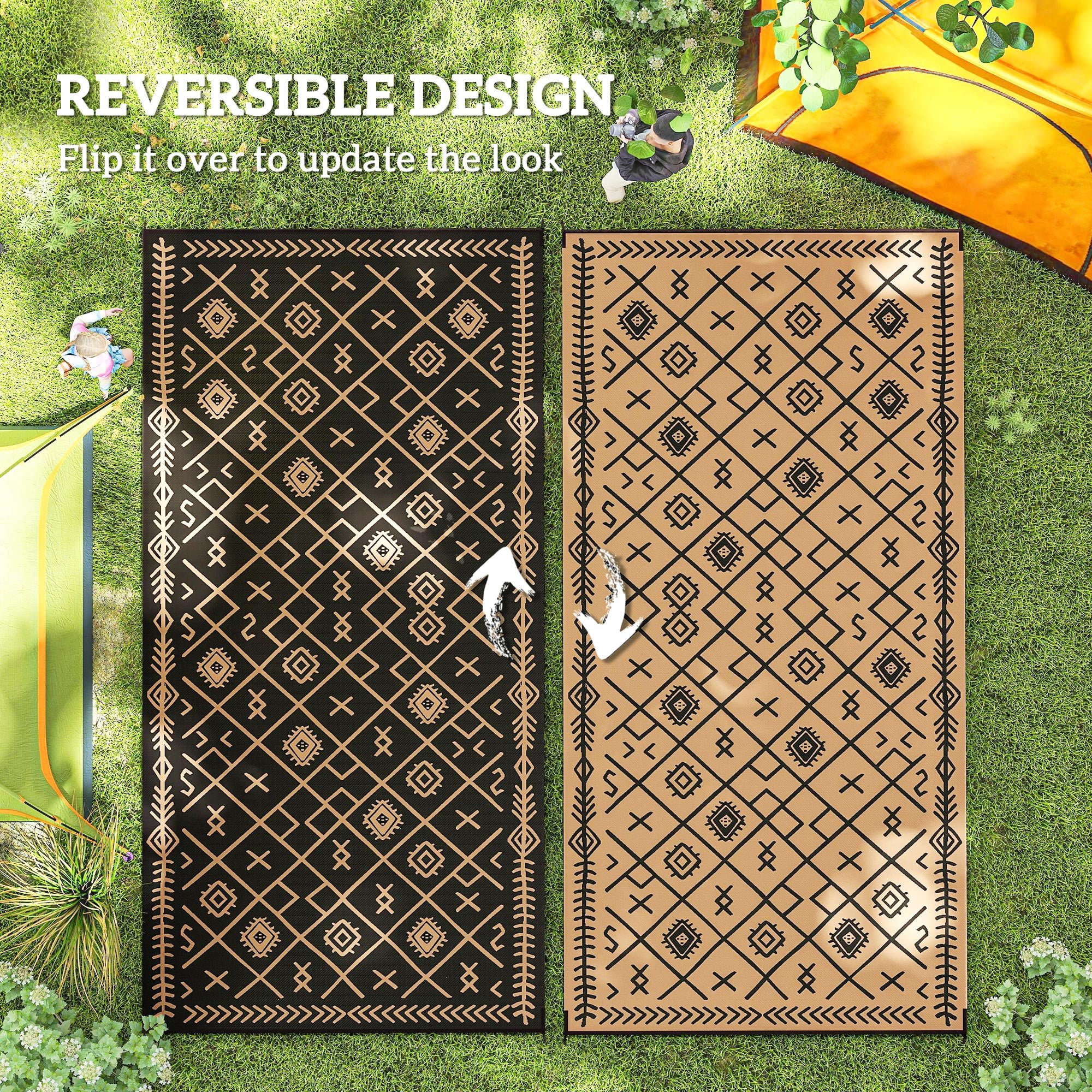 Outsunny Outdoor Patio Rug, Large Camping Carpet with Carrying Bag, 9' x 18' Waterproof Plastic Straw, Reversible, Black & Brown Rhombus
