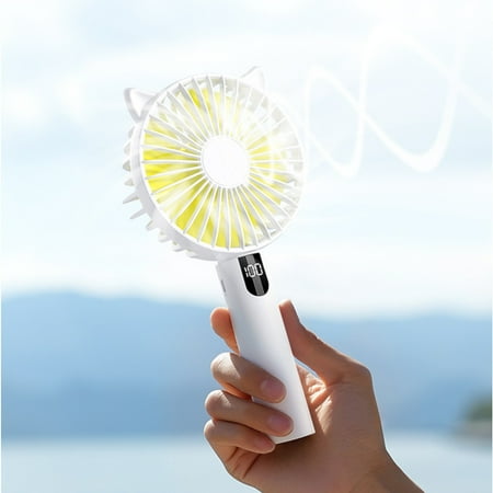 

Mrmaere USB Charging Handheld Fan with Digital Display and Light - Silent Mini Portable Fan with 5 Wind Speeds and Phone Stand - Low-Noise Turbofan Blades Handheld Fan for Travel White
