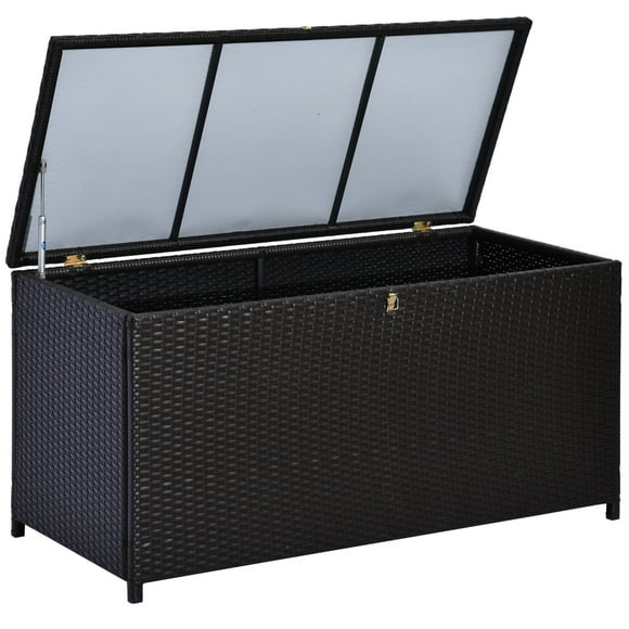 Outsunny 75 Gallon Wicker Outdoor Storage Box, Deck Box with Gas Strut