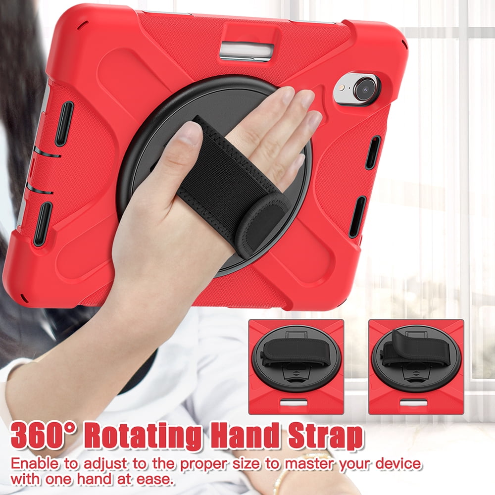For Apple iPad Mini 6 (2021) Heavy Duty Rugged Hybrid with Kickstand, Shoulder Hand Strap, Pencil Holder Shockproof Full Protective Cover ,Xpm Phone Case [Red]