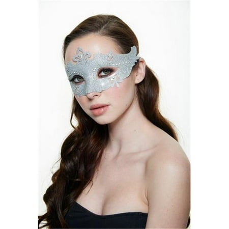 Silver Plastic Masquerade Mask with Glitter & Clear Rhinestones