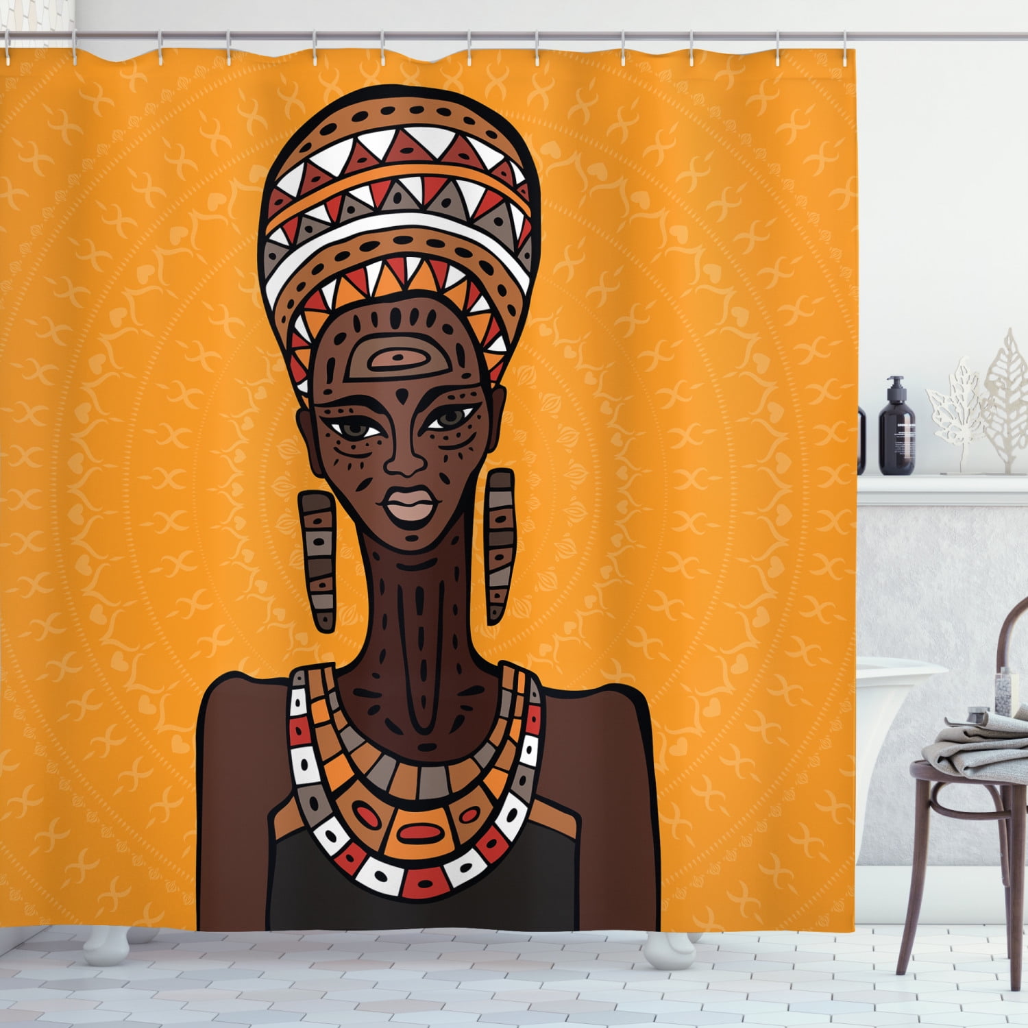 African Woman Shower Curtain, Ethnographic Artwork African Tribe Woman Long Neck Folk Figures on