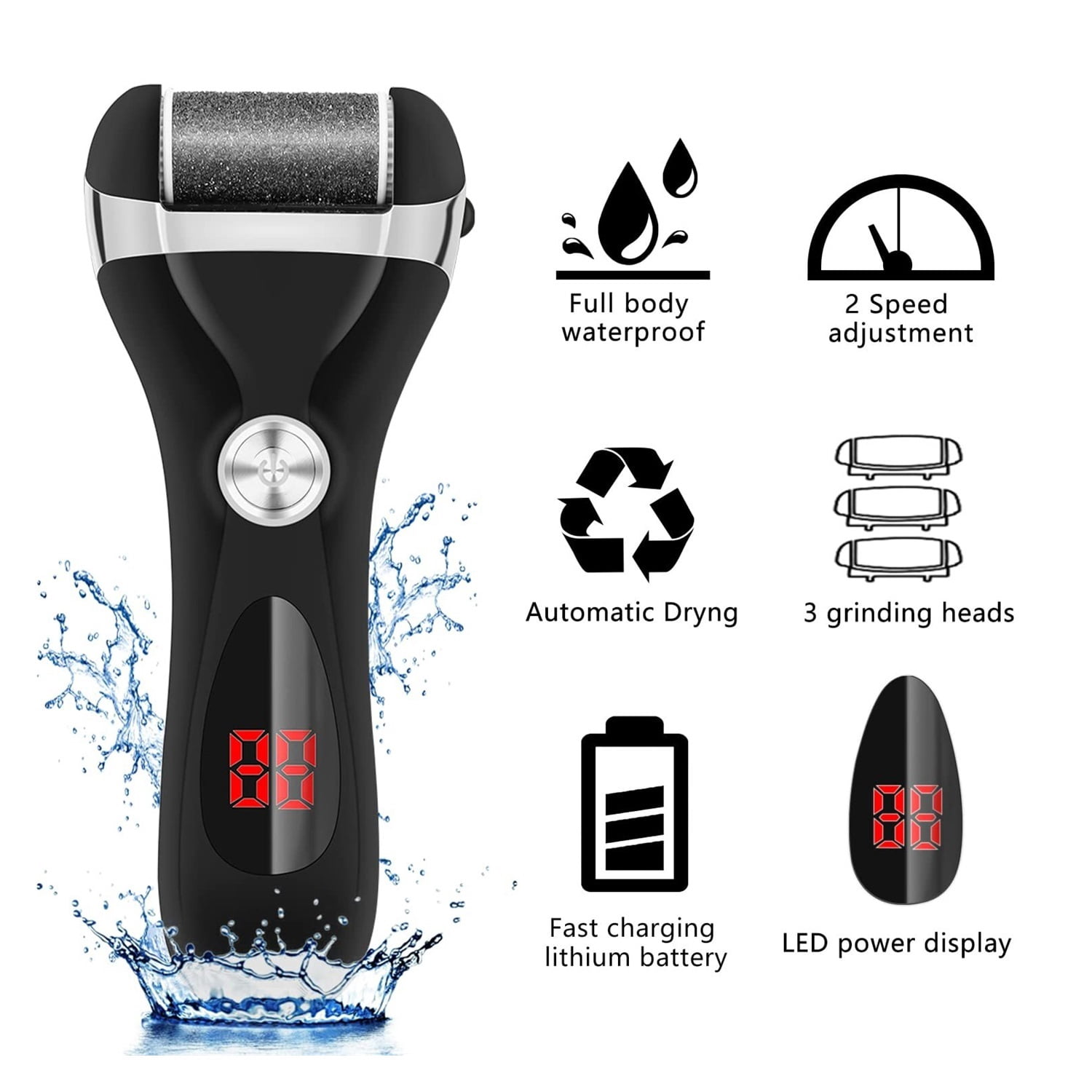 Electric Foot Callus Remover Kit,Rechargeable Callous removers 3 Grinding Heads Waterproof Foot Scrubber File, Professional Pedicure Tools kit Feet Care for Dead, Cracked Dry Skin