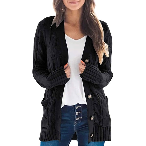 Sonducket Suéter de mujer con cuello en V Botón Prendas de abrigo Abrigo de otoño de punto de manga larga Prendas para la parte del cuerpo Negro SG