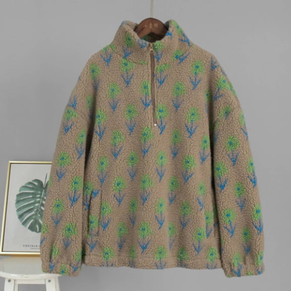 Women's Fall Cute Floral Faux Fur Pullover Fleece Sweatshirt Casual Half Zip Winter Sherpa Jacket